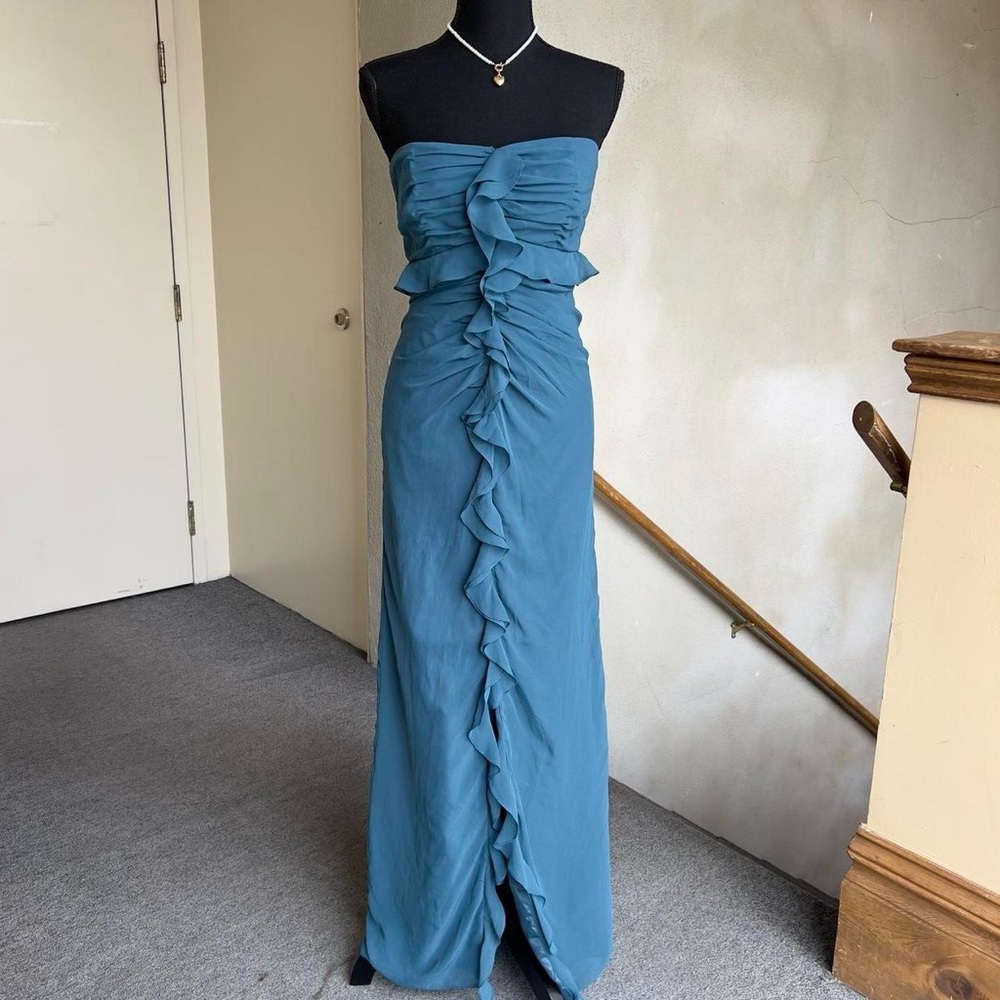 Vintage Y2K Mermaidcore Teal Strapless Formal Ruffle Dress